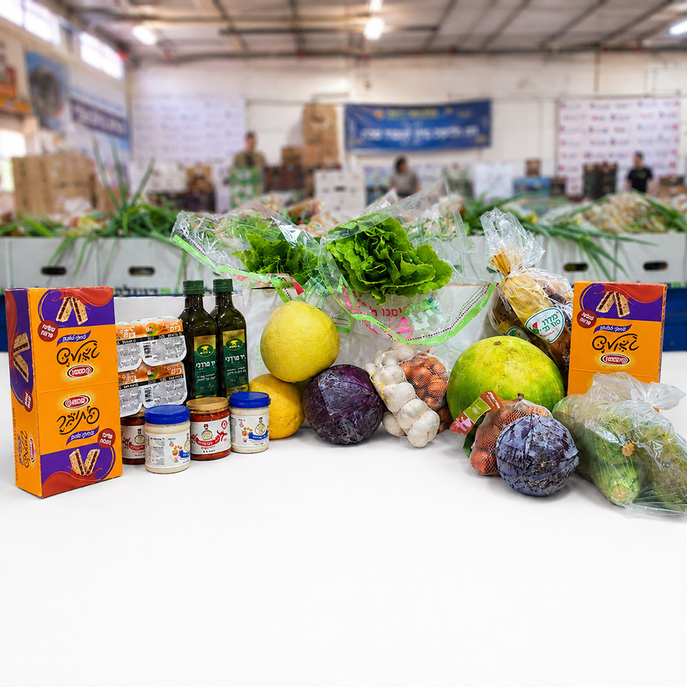 Food packages with fresh produce and dairy ready for distribution