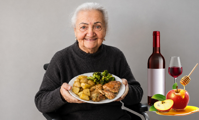 Elderly Holocaust survivor smiling while holding a plate of a warm holiday meal.